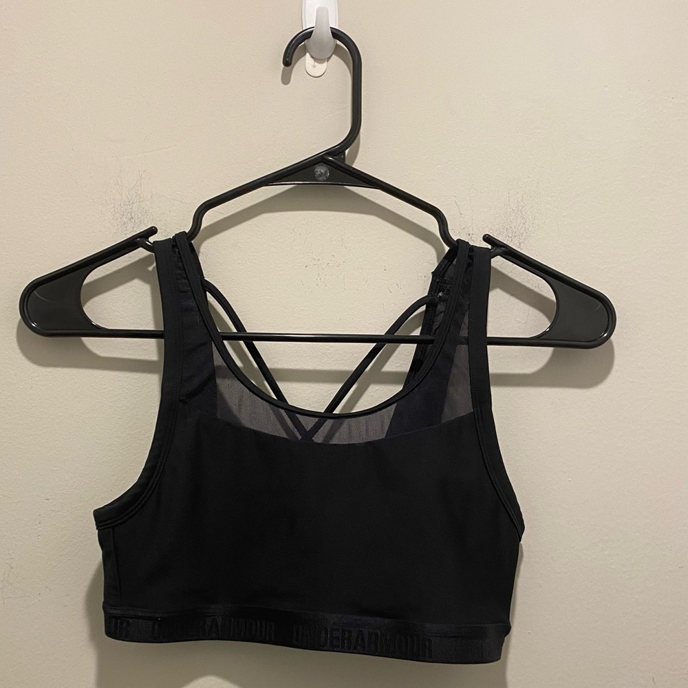 Under Armour Big Band Striped Logo Crossback Sports Bra Black Women's Size S EUC